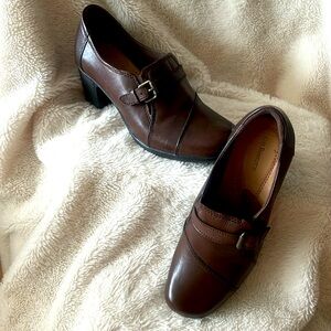 G.H.Bass Brown Leather Talina Heels with Buckle Adornment